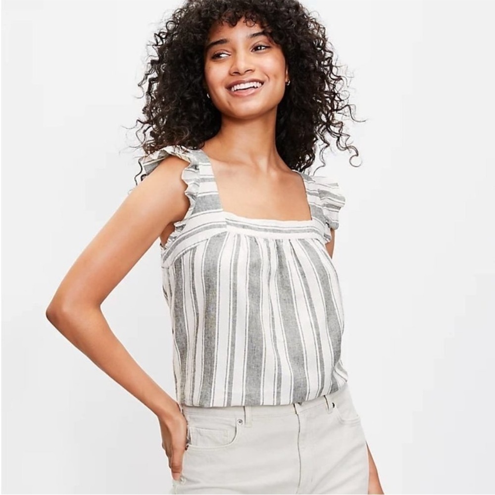 Loft XL Cream Striped Ruffle Shoulder Shell Tank Blouse Top Square Neck Linen